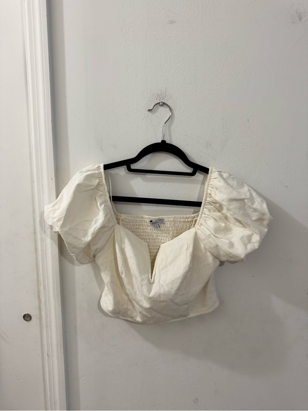 Forever 21 Puff-Sleeve Smocked Cropped Top - Cream